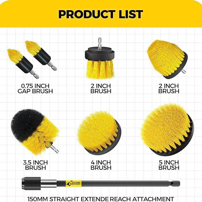 Yellow and Black Complete 7-Piece Drill Brush Power Scrubber Set - All-Purpose Cleaning Kit for Bathroom, Tile, Car Detailing & More - Image 3