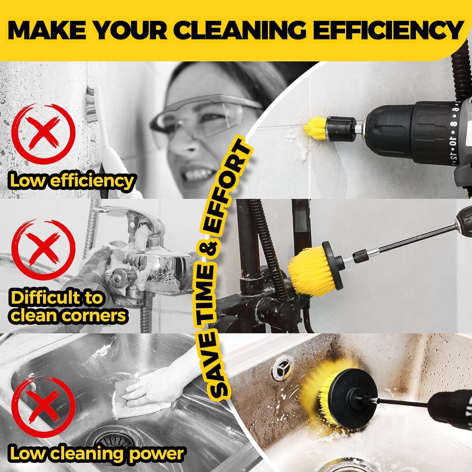 Yellow and Black Complete 7-Piece Drill Brush Power Scrubber Set - All-Purpose Cleaning Kit for Bathroom, Tile, Car Detailing & More - Image 7
