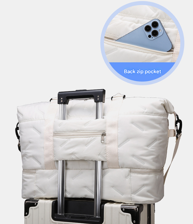 Grey Stylish Quilted Duffel Bag for Travel & Gym - Large Capacity Weekender with Shoe Compartment and Wet Pocket - Image 6