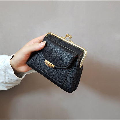 Black Vintage Style Women's Kiss Lock Coin Purse - Compact PU Leather Wallet with Card Holder