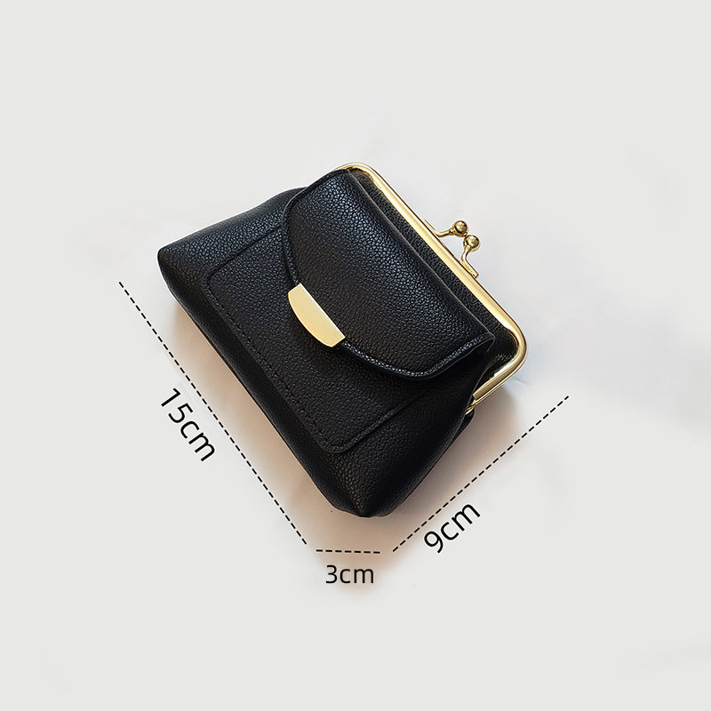 Black Vintage Style Women's Kiss Lock Coin Purse - Compact PU Leather Wallet with Card Holder - Image 2