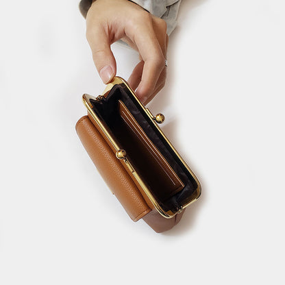 Brown Vintage Style Women's Kiss Lock Coin Purse - Compact PU Leather Wallet with Card Holder - Image 2