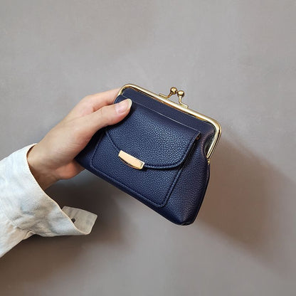 Dark Blue Vintage Style Women's Kiss Lock Coin Purse - Compact PU Leather Wallet with Card Holder