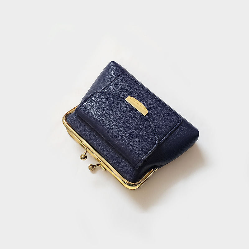 Dark Blue Vintage Style Women's Kiss Lock Coin Purse - Compact PU Leather Wallet with Card Holder - Image 2