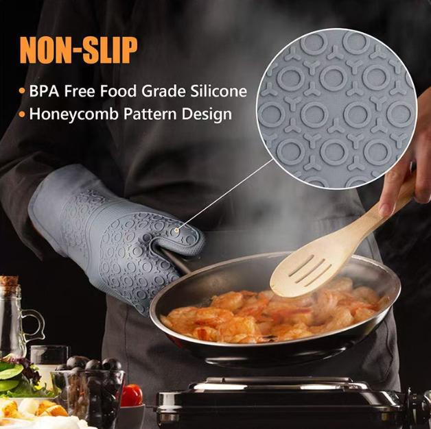 Grey 6-Piece Silicone Oven Mitts and Pot Holders Set - Extra Long Waterproof Heat Resistant Gloves with Non-Slip Grip for Kitchen Baking BBQ - Image 2