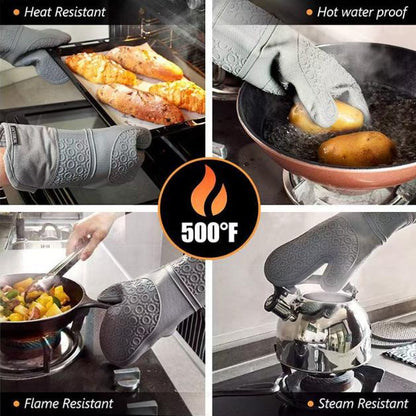 Grey 6-Piece Silicone Oven Mitts and Pot Holders Set - Extra Long Waterproof Heat Resistant Gloves with Non-Slip Grip for Kitchen Baking BBQ - Image 3