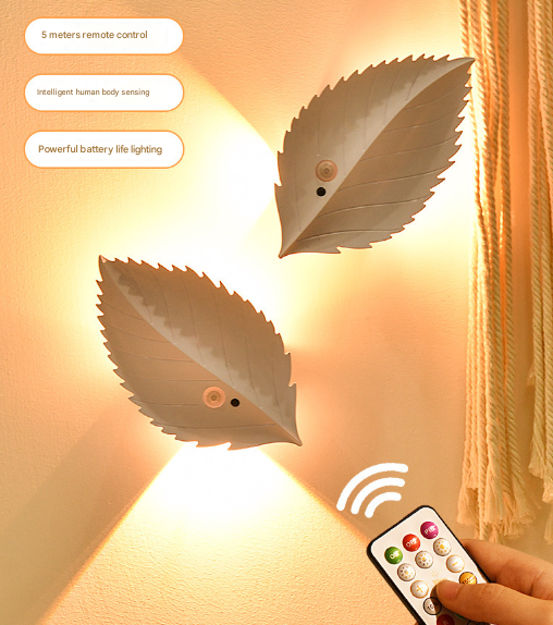 White RGB Color-Changing Leaf LED Night Light - Wireless Motion Sensor Wall Lamp with Remote Control for Ambiance Lighting - Image 2