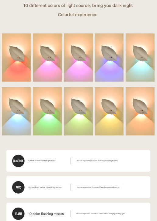 White RGB Color-Changing Leaf LED Night Light - Wireless Motion Sensor Wall Lamp with Remote Control for Ambiance Lighting - Image 4
