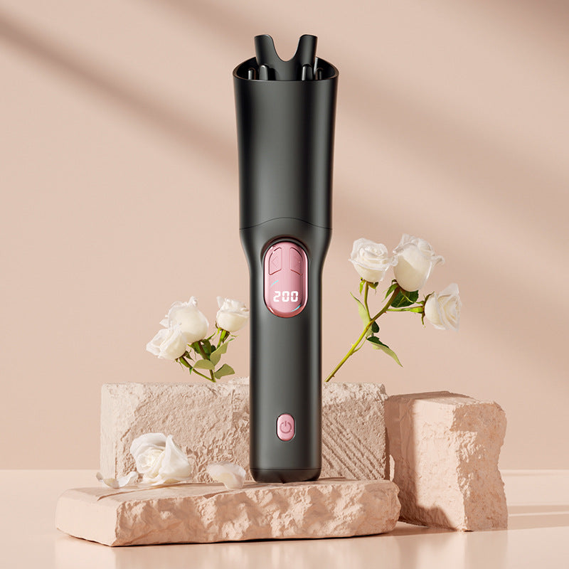 Black Portable Cordless Hair Curler - USB-C Rechargeable Automatic Hair Waver with Ceramic Barrel & Anti-Scald Design