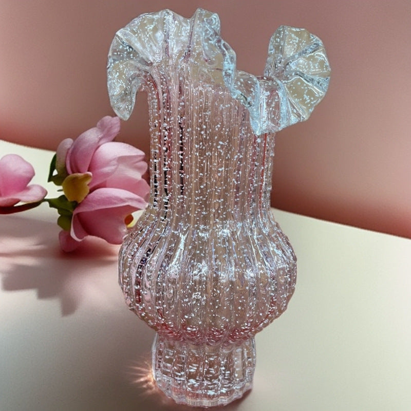 Green Elegant Glow-in-the-Dark Glass Vase - Vintage-Style Ruffled & Ribbed Centrepiece - Image 4