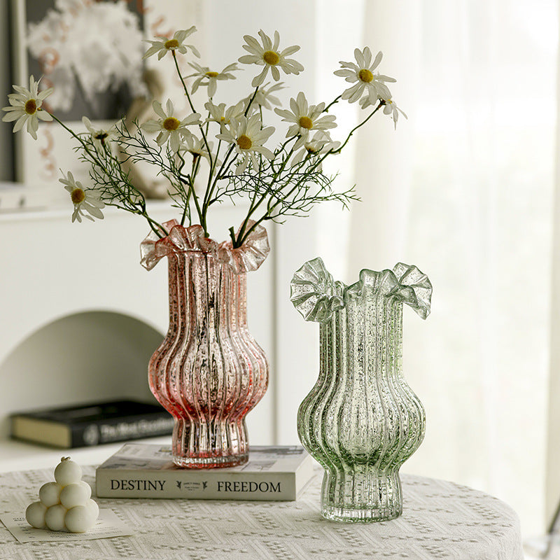 Pink Elegant Glow-in-the-Dark Glass Vase - Vintage-Style Ruffled & Ribbed Centrepiece - Image 2