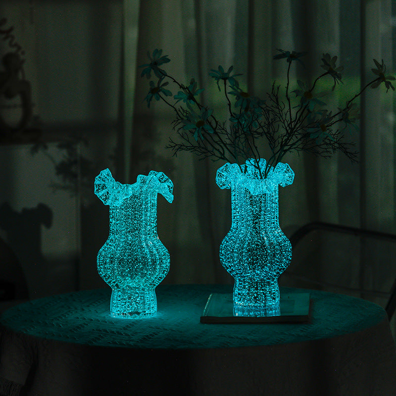 Pink Elegant Glow-in-the-Dark Glass Vase - Vintage-Style Ruffled & Ribbed Centrepiece - Image 3