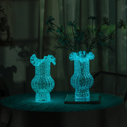 Pink Elegant Glow-in-the-Dark Glass Vase - Vintage-Style Ruffled & Ribbed Centrepiece - Image 3