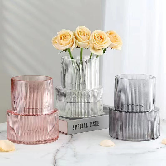 Transparent Modern Two-Tier Ribbed Glass Vase - Elegant Cylindrical Flower Centrepiece for Home Decor - Image 2