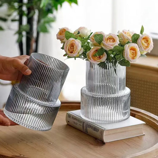 Pink Modern Two-Tier Ribbed Glass Vase - Elegant Cylindrical Flower Centrepiece for Home Decor - Image 3