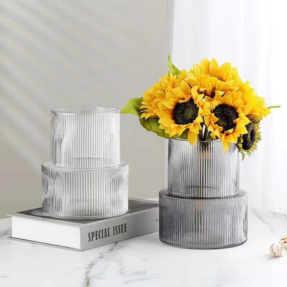 Pink Modern Two-Tier Ribbed Glass Vase - Elegant Cylindrical Flower Centrepiece for Home Decor - Image 4