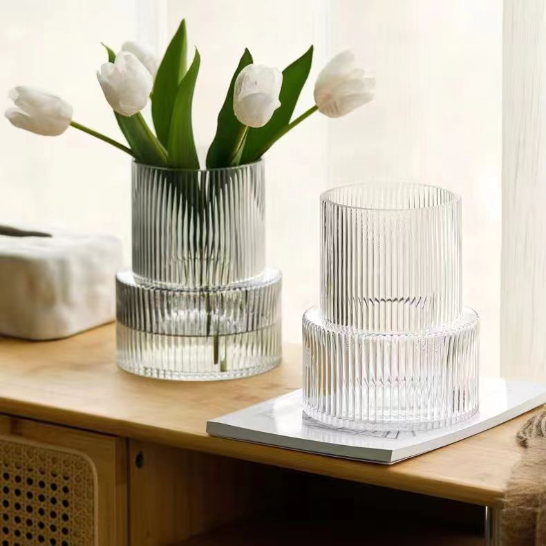 Pink Modern Two-Tier Ribbed Glass Vase - Elegant Cylindrical Flower Centrepiece for Home Decor - Image 5