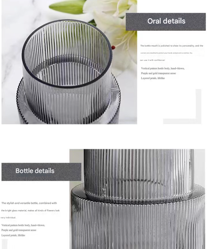 Pink Modern Two-Tier Ribbed Glass Vase - Elegant Cylindrical Flower Centrepiece for Home Decor - Image 6