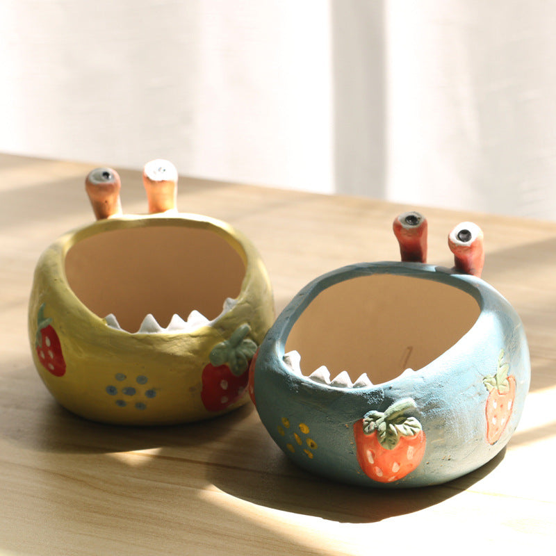 2 Pcs Yellow Whimsical Monster Ceramic Succulent Planter - Hand-Painted Character Pot with Drainage - Image 2