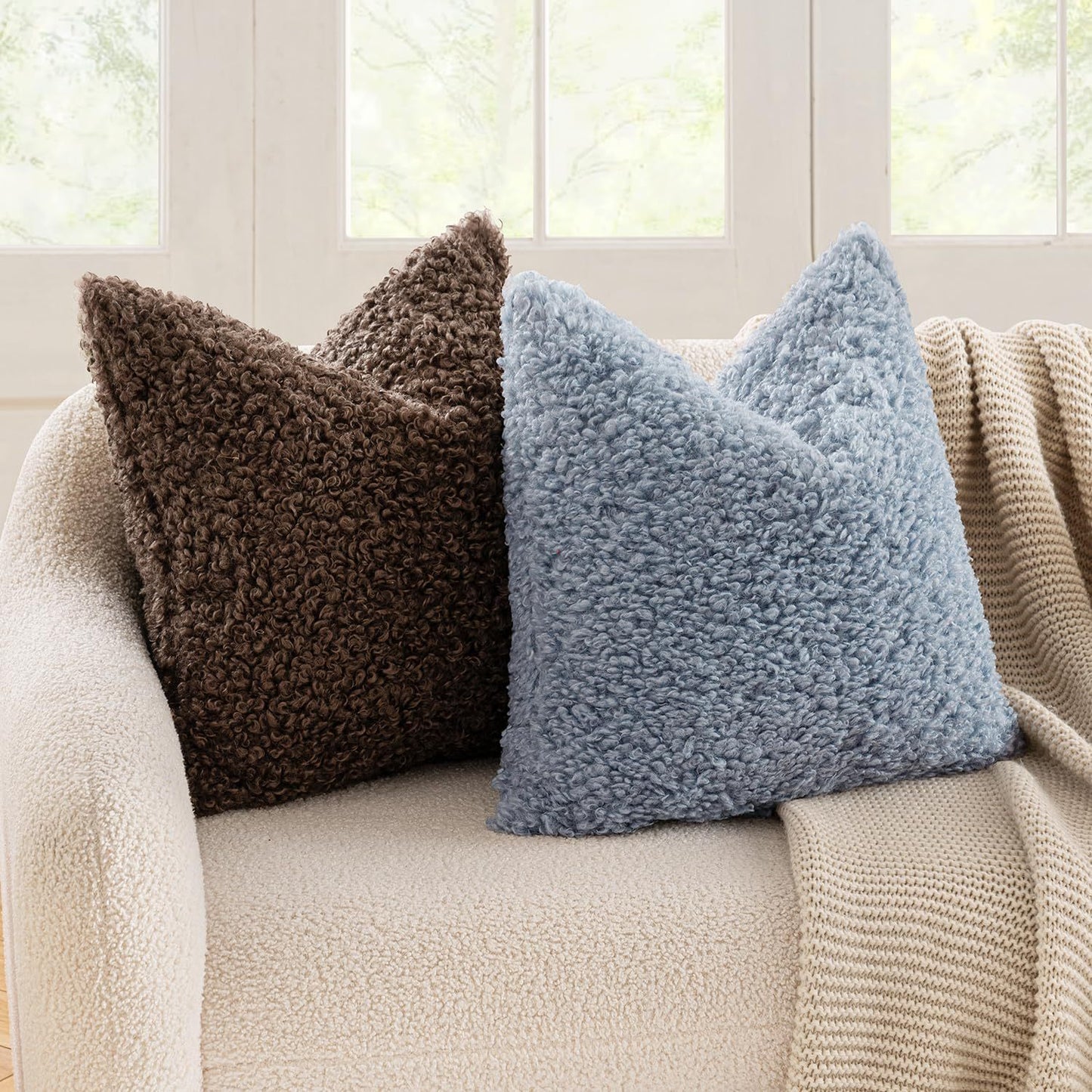 2 Pcs Brown Cozy Teddy Boucle Cushion Cover - Plush Decorative Square Pillow Case for Sofa & Bed - Image 3
