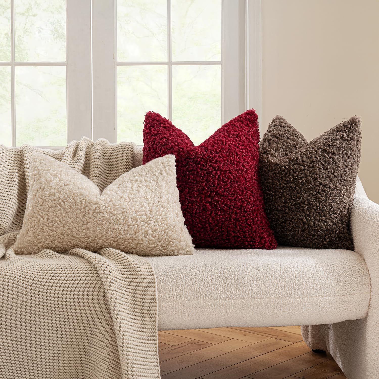 2 Pcs Brown Cozy Teddy Boucle Cushion Cover - Plush Decorative Square Pillow Case for Sofa & Bed - Image 4