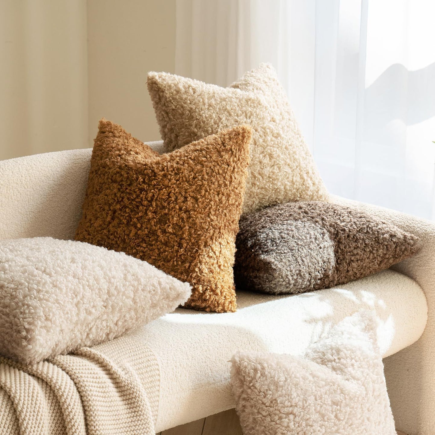 2 Pcs White Cozy Teddy Boucle Cushion Cover - Plush Decorative Square Pillow Case for Sofa & Bed - Image 2