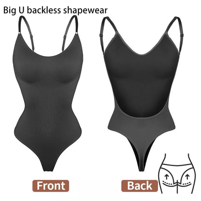 2 Pcs Size S Black Seamless Backless Bodysuit Shapewear - Deep U-Plunge Tummy Control Thong Shaper