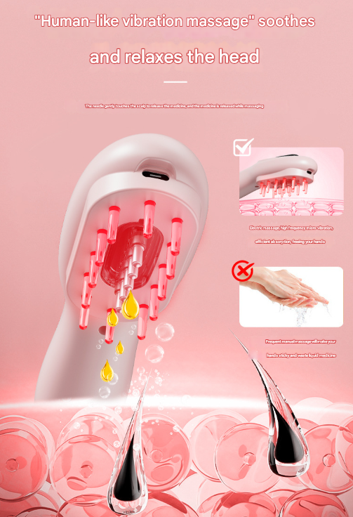Pink Rechargeable Electric Scalp Massager with Red & Blue Light Therapy - Hair Oil & Serum Applicator Comb(Not containing essential oils) - Image 3