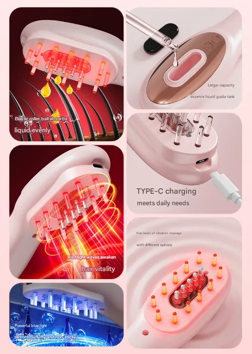 Black Rechargeable Electric Scalp Massager with Red & Blue Light Therapy - Hair Oil & Serum Applicator Comb(Not containing essential oils) - Image 2