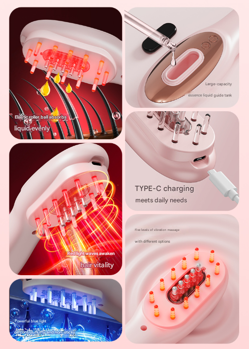 White Rechargeable Electric Scalp Massager with Red & Blue Light Therapy - Hair Oil & Serum Applicator Comb(Not containing essential oils) - Image 2