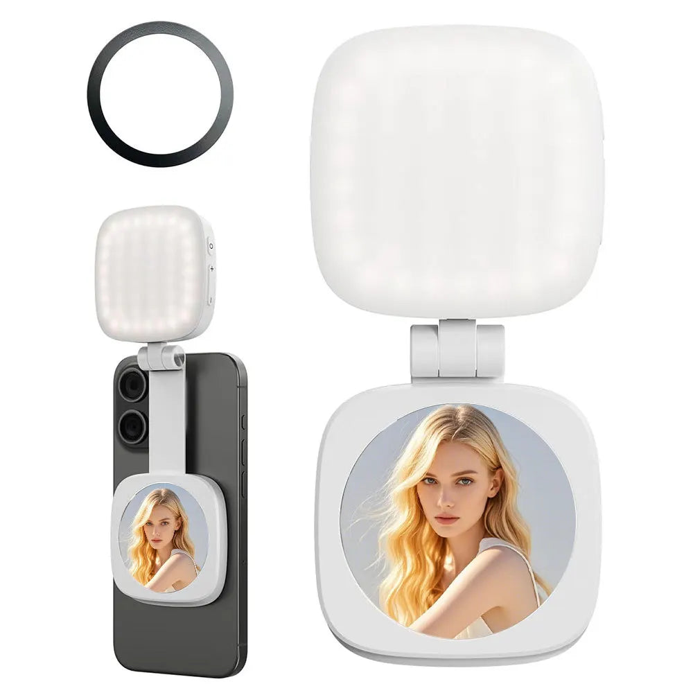 White Magnetic Foldable Selfie Light with Mirror - Rechargeable LED Fill Light for iPhone & Android Vlogging(Mobile phone is a shooting prop and is not included)