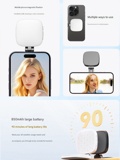 White Magnetic Foldable Selfie Light with Mirror - Rechargeable LED Fill Light for iPhone & Android Vlogging(Mobile phone is a shooting prop and is not included) - Image 3