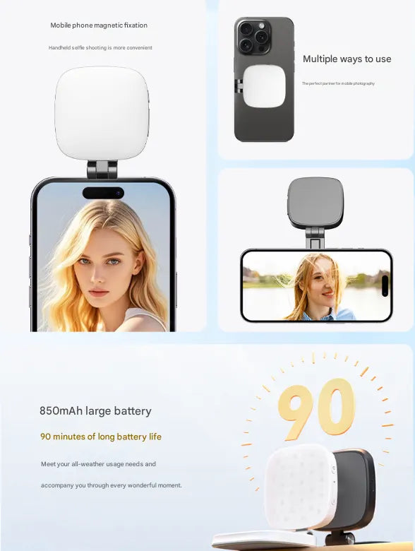 White Magnetic Foldable Selfie Light with Mirror - Rechargeable LED Fill Light for iPhone & Android Vlogging(Mobile phone is a shooting prop and is not included) - Image 3