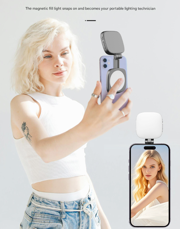Black Magnetic Foldable Selfie Light with Mirror - Rechargeable LED Fill Light for iPhone & Android Vlogging(Mobile phone is a shooting prop and is not included) - Image 2