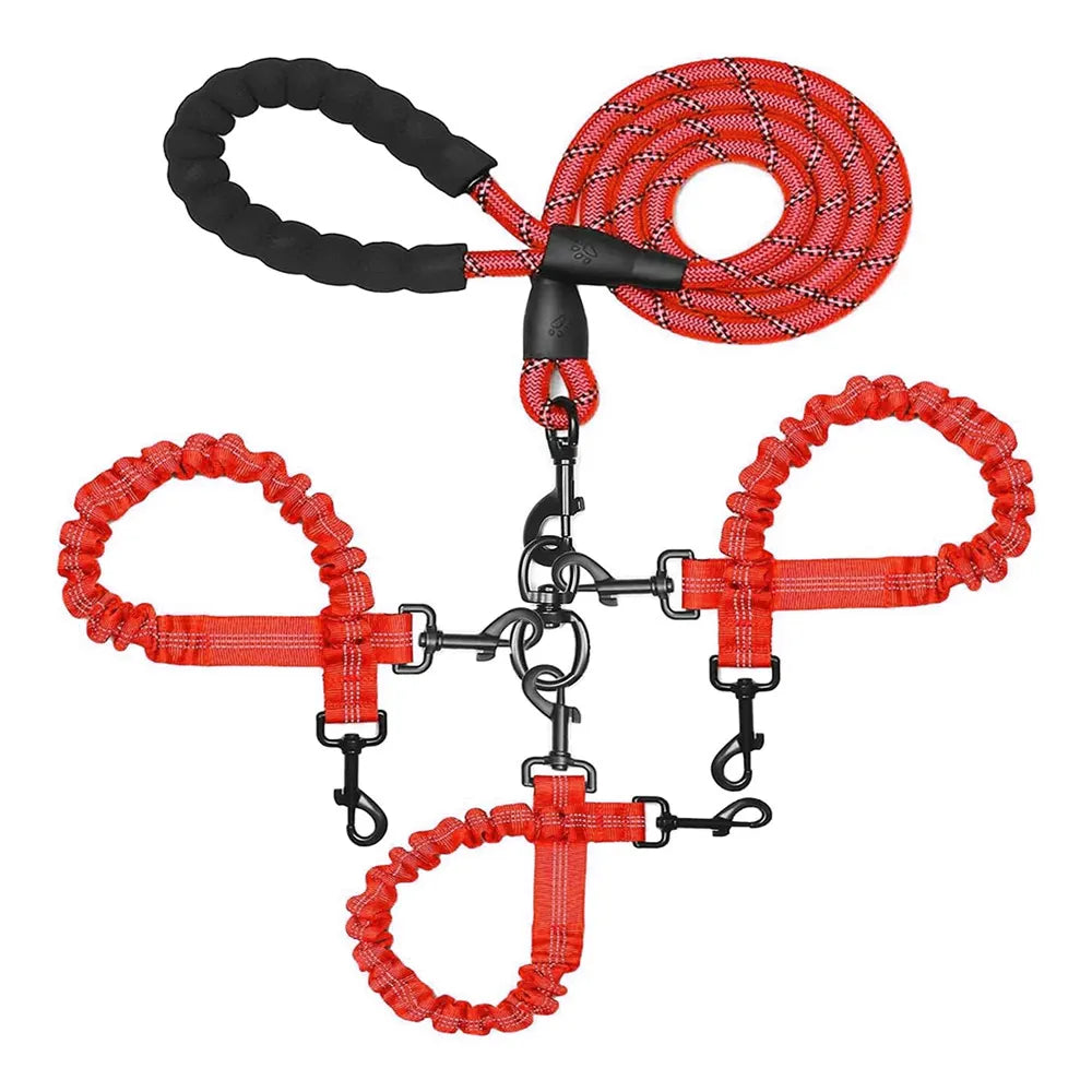 Red 3-in-1 Tangle-Free Dog Leash for 1-3 Dogs - Heavy Duty Bungee Coupler with Reflective Stitching & Padded Handle