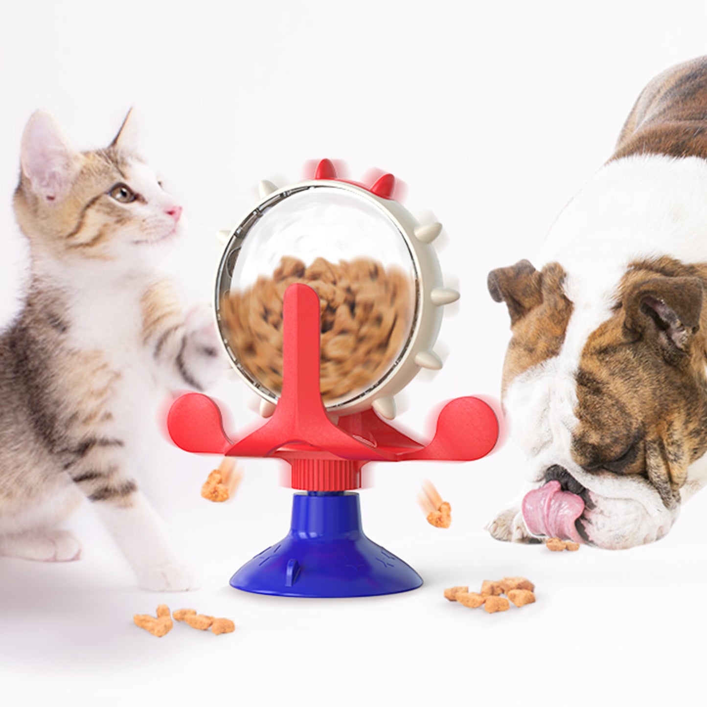 Red,Blue and White Interactive Pet Treat Dispenser - Spinning Wheel Food Puzzle Toy for Cats & Dogs with Suction Cup Base - Image 2