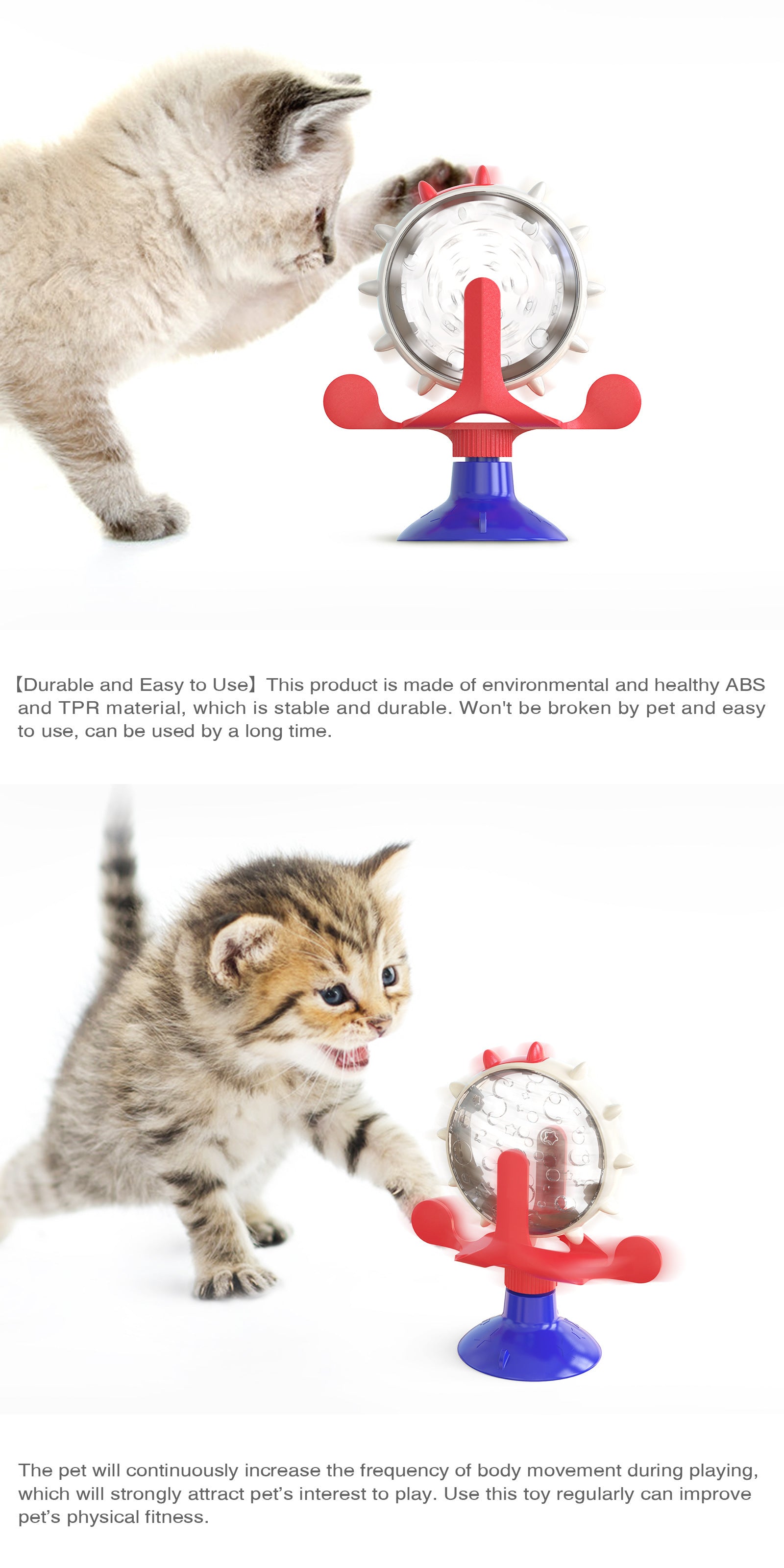 Red,Blue and White Interactive Pet Treat Dispenser - Spinning Wheel Food Puzzle Toy for Cats & Dogs with Suction Cup Base - Image 7