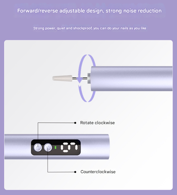 Purple Professional Electric Nail File Kit - Portable USB-C Rechargeable Manicure Drill with 6 Speeds & 5 Heads - Image 3