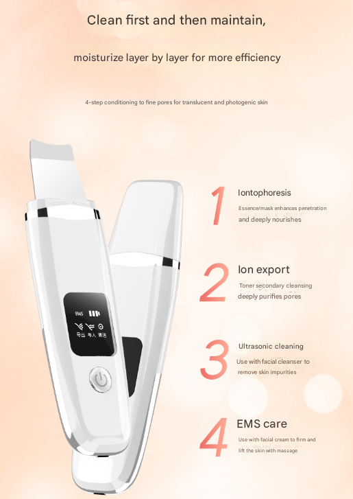 White Professional 4-in-1 Ultrasonic Skin Scrubber - Deep Pore Cleanser, Blackhead Remover & EMS Facial Lifting Tool - Image 3