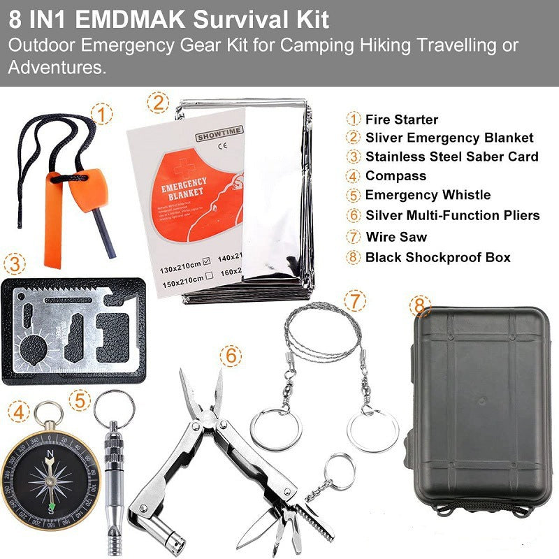 Black 8-in-1 Emergency Survival Kit - Compact Outdoor Gear for Camping, Hiking & Car - Image 2
