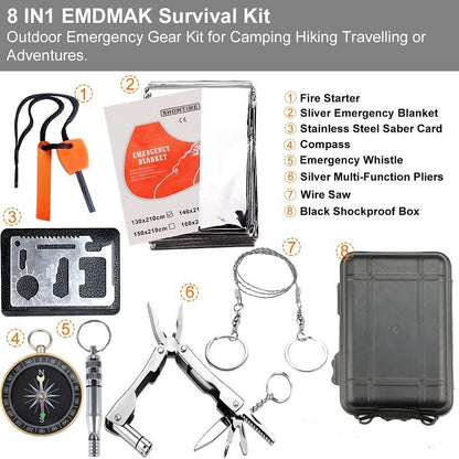 Black 8-in-1 Emergency Survival Kit - Compact Outdoor Gear for Camping, Hiking & Car - Image 2