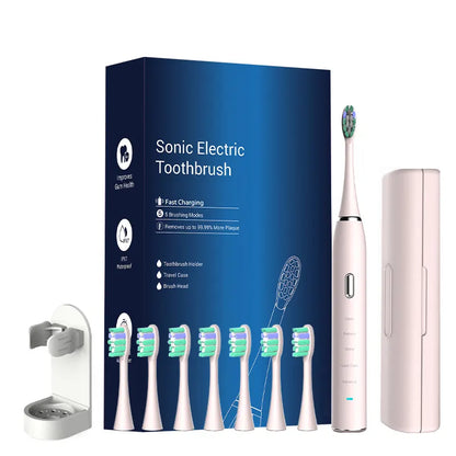 Pink Sonic Rechargeable Electric Toothbrush with 8 Heads & Travel Case - 5 Brushing Modes & Smart Timer(USB)