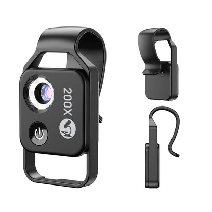 Black Portable 200X Clip-On Microscope Lens for Smartphone - HD Pocket Magnifier with CPL Filter and LED Light(excluding mobile phones)