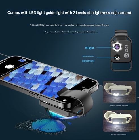Black Portable 200X Clip-On Microscope Lens for Smartphone - HD Pocket Magnifier with CPL Filter and LED Light(excluding mobile phones) - Image 5