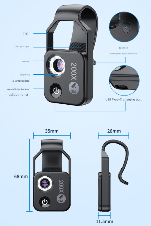 Black Portable 200X Clip-On Microscope Lens for Smartphone - HD Pocket Magnifier with CPL Filter and LED Light(excluding mobile phones) - Image 8