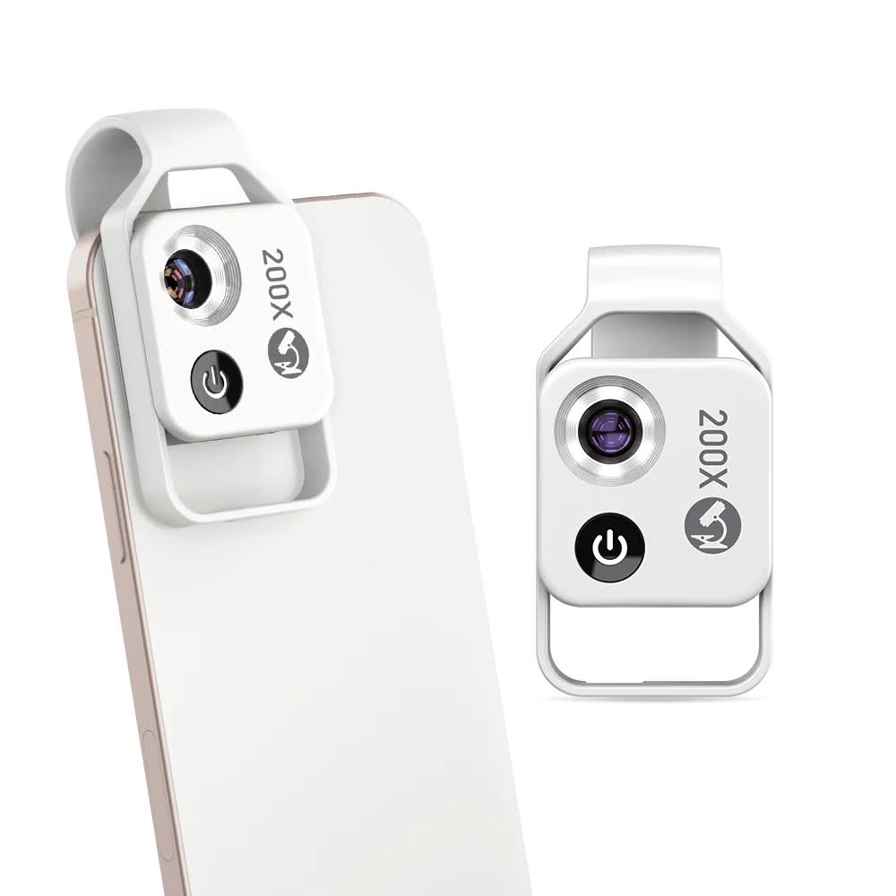 White Portable 200X Clip-On Microscope Lens for Smartphone - HD Pocket Magnifier with CPL Filter and LED Light(excluding mobile phones)