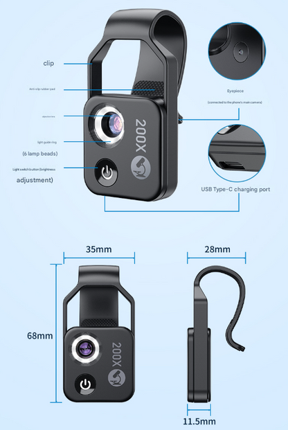 White Portable 200X Clip-On Microscope Lens for Smartphone - HD Pocket Magnifier with CPL Filter and LED Light(excluding mobile phones) - Image 8