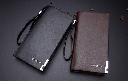 Black Men's Business Casual Long Wallet Clutch - PU Leather Large Capacity Phone & Card Holder with Wrist Strap - Image 2