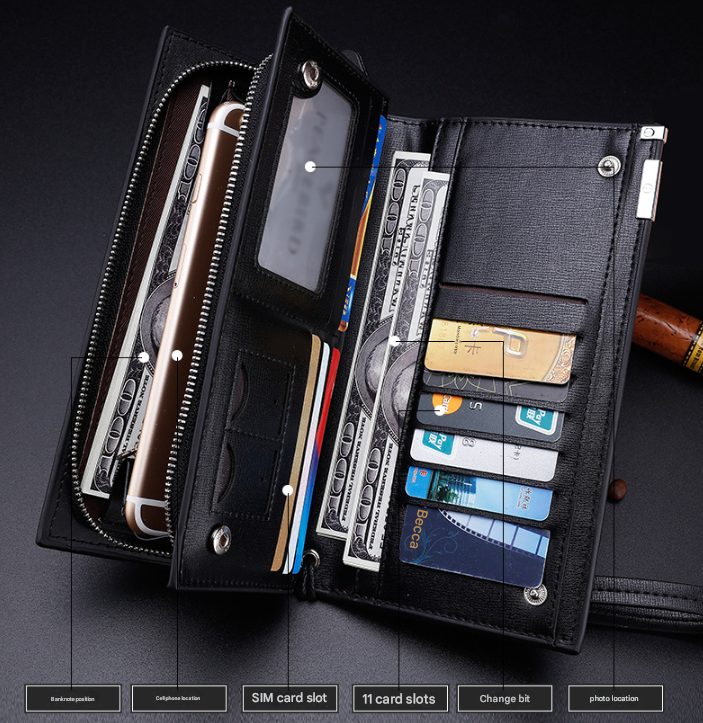 Brown Men's Business Casual Long Wallet Clutch - PU Leather Large Capacity Phone & Card Holder with Wrist Strap - Image 5
