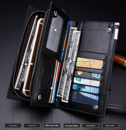 Brown Men's Business Casual Long Wallet Clutch - PU Leather Large Capacity Phone & Card Holder with Wrist Strap - Image 5